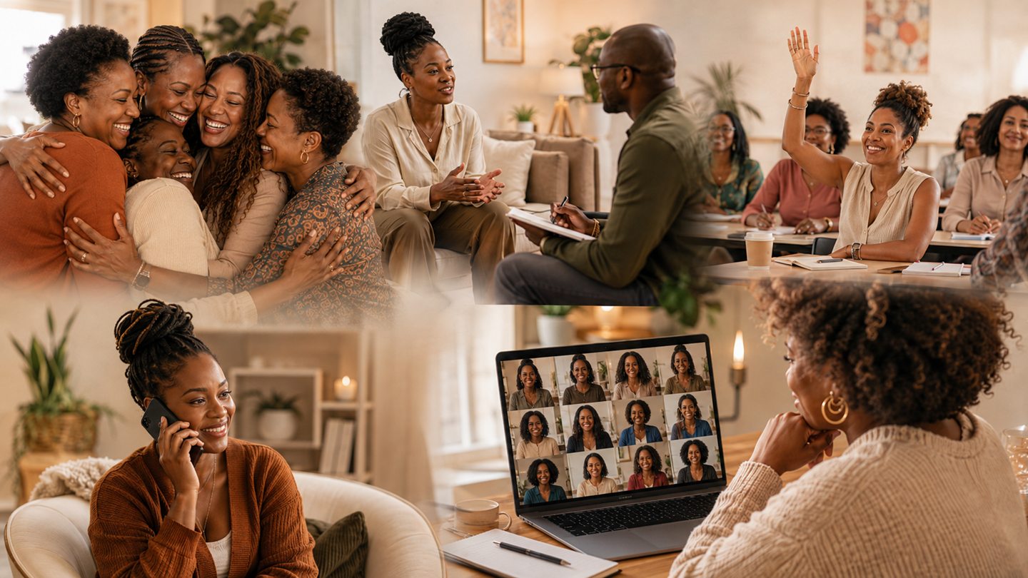 Les différentes façons de vivre Nafrini Academy : un atelier en groupe, une consultation individuelle, une session en visio et un échange par téléphone.