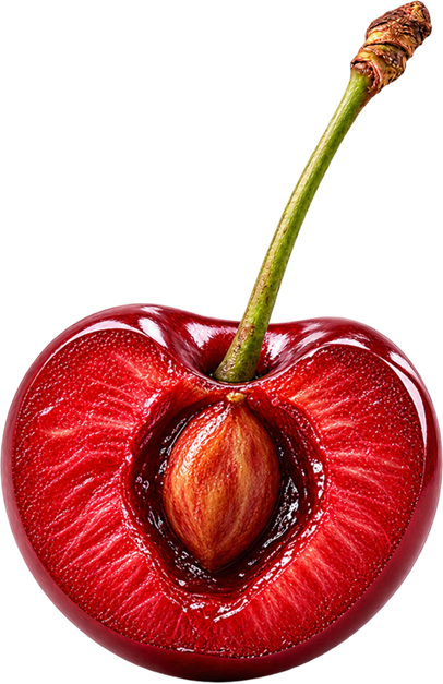 Une cerise coupée en deux, laissant apparaître son noyau